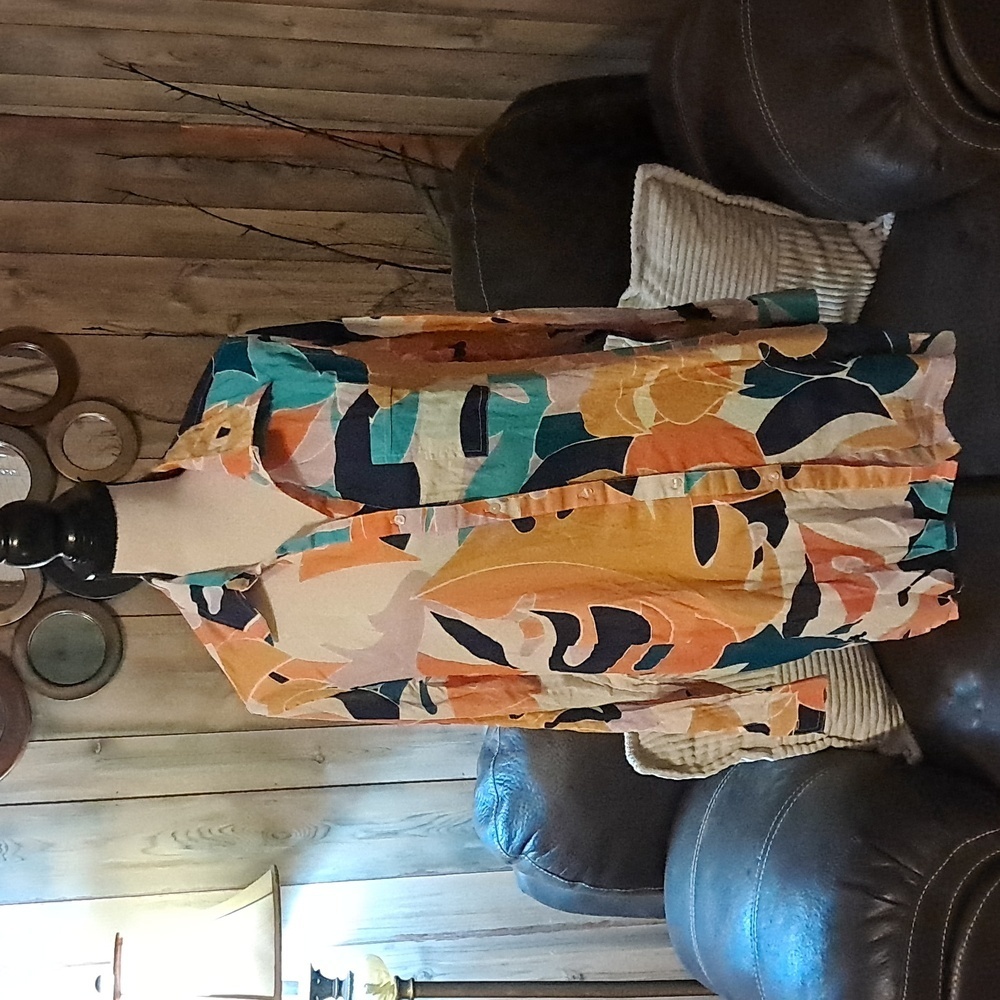 True Destinations Colorful Geometric Long Sleeve Shirt Cover Up Size L